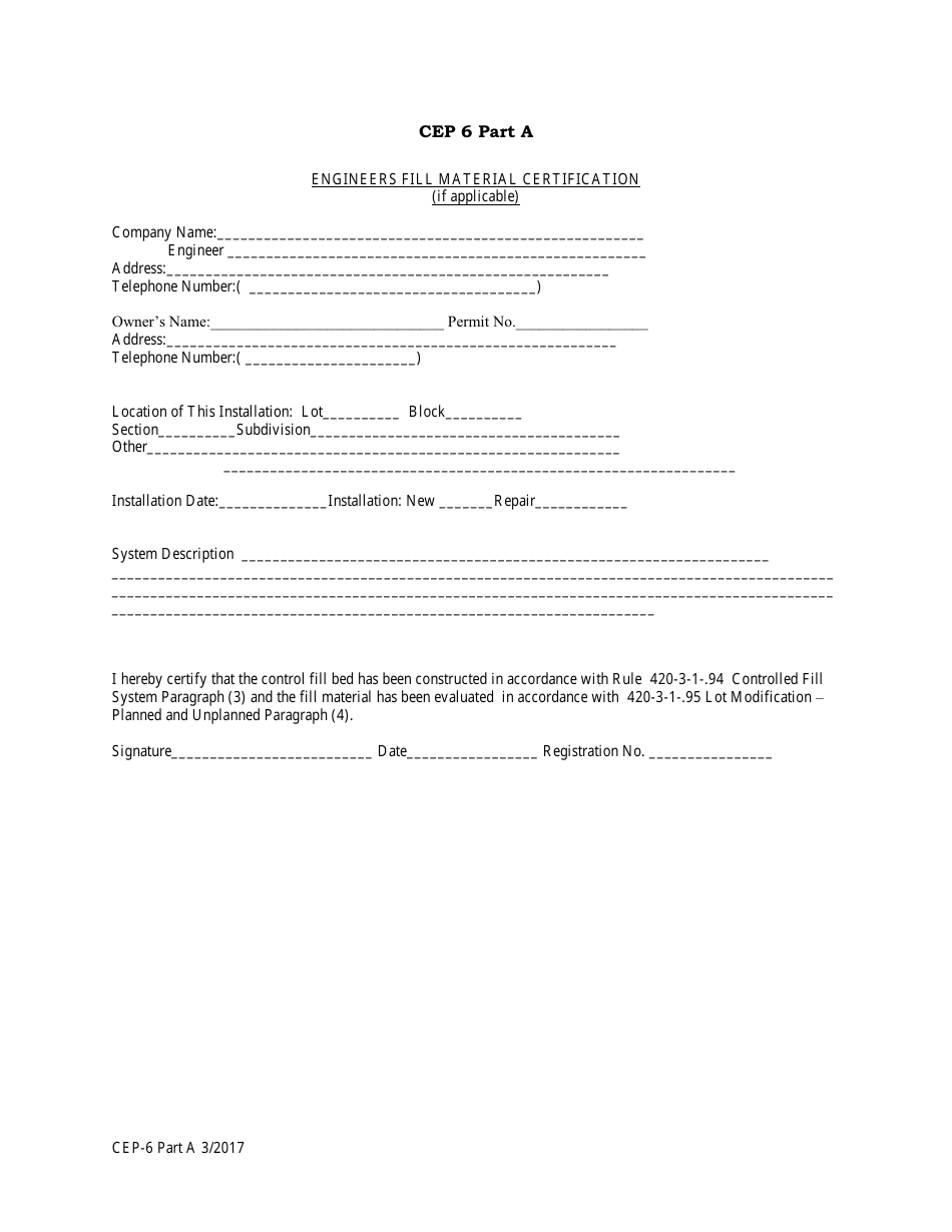 Form CEP-6A Engineers Fill Material Certification - Alabama, Page 1