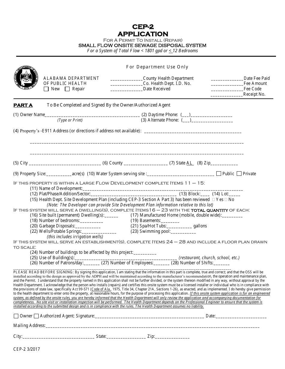 Form CEP-2 Application for a Permit to Install (Repair) Small Flow Onsite Sewage Disposal System of Total Flow Less Than 1800 Gpd or Twelve Bedrooms or Less - Alabama, Page 1