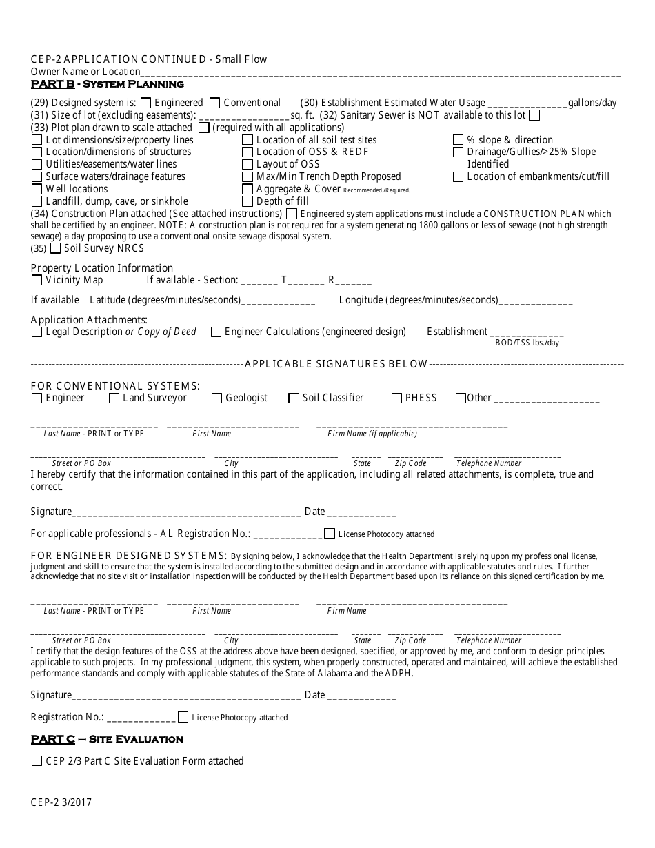 Form CEP-2 Application for a Permit to Install (Repair) Small Flow Onsite Sewage Disposal System of Total Flow Less Than 1800 Gpd or Twelve Bedrooms or Less - Alabama, Page 2