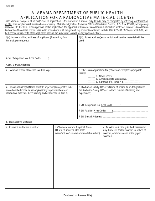 Form RM Application for a Radioactive Material License - Alabama