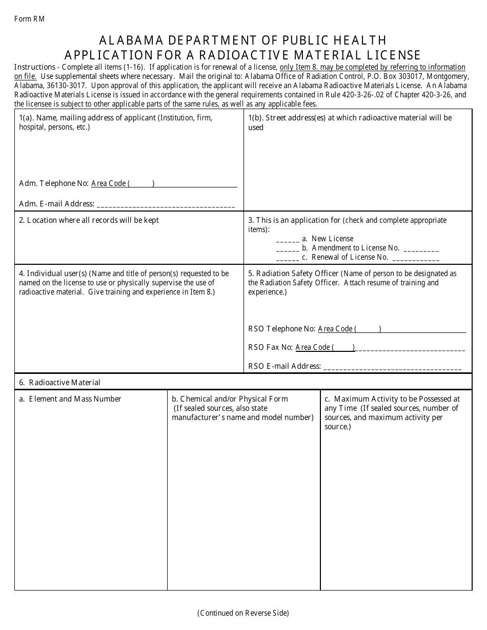 Form RM Application for a Radioactive Material License - Alabama, Page 1
