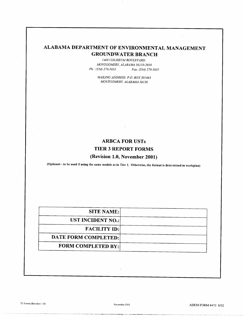 ADEM Form 473 Tier 3 Report Forms - Alabama, Page 1