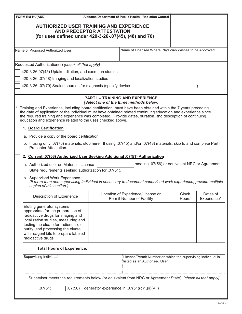 Form RM-HU(AUD) Authorized User Training and Experience and Preceptor Attestation - Alabama, Page 1