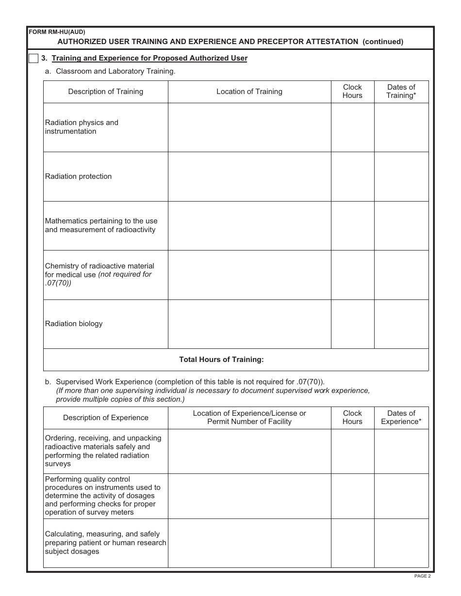 Form RM-HU(AUD) Authorized User Training and Experience and Preceptor Attestation - Alabama, Page 2