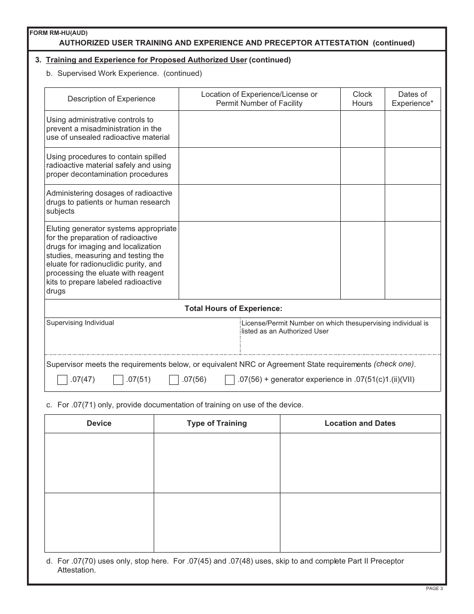 Form RM-HU(AUD) Authorized User Training and Experience and Preceptor Attestation - Alabama, Page 3