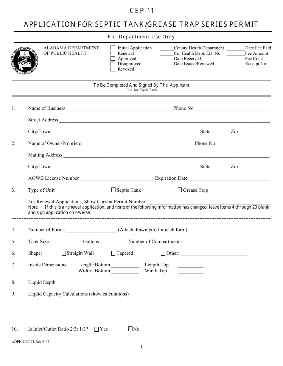 Form CEP-11 Application for Septic Tank / Grease Trap Series Permit - Alabama, Page 1