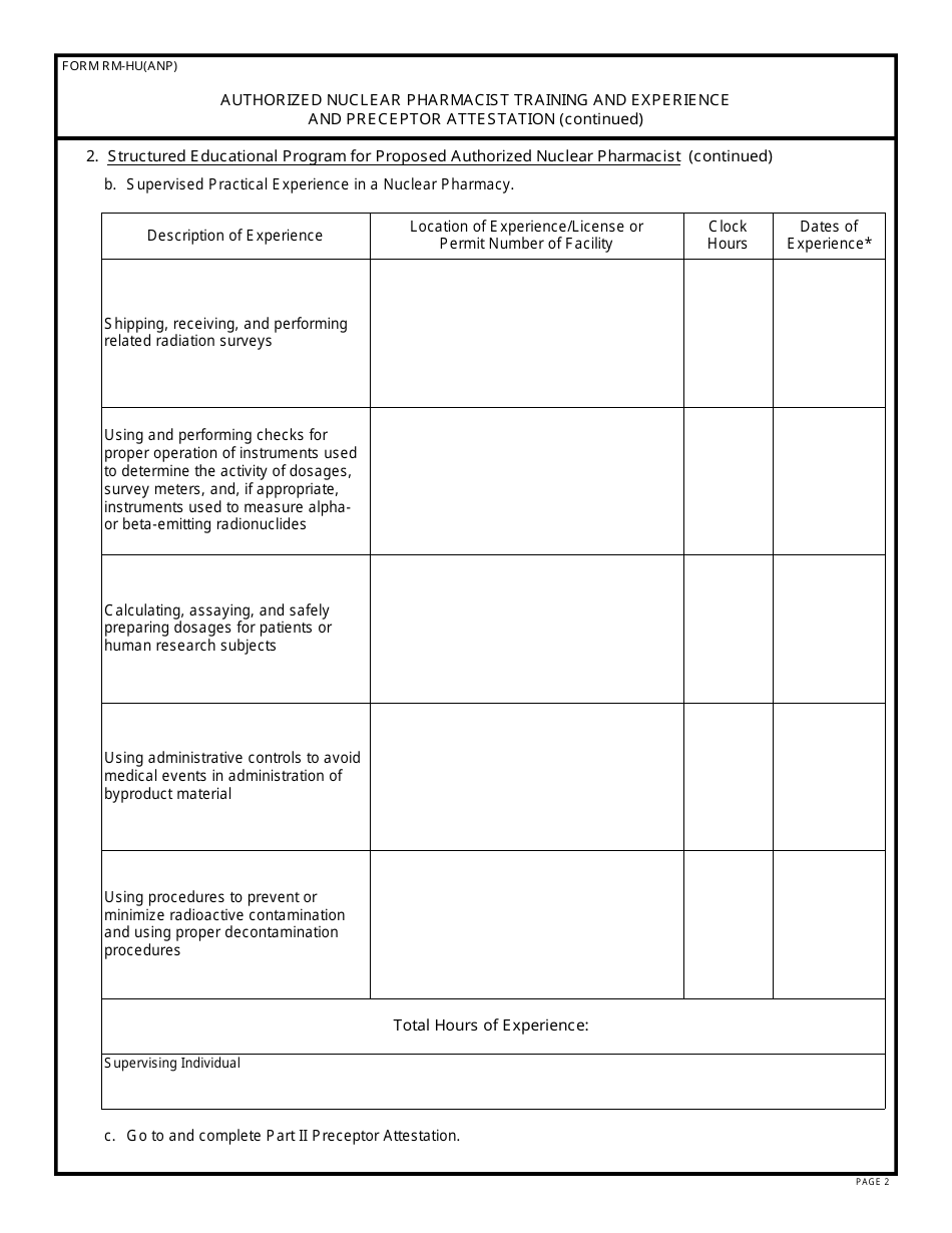 Form RM-HU(ANP) Authorized Nuclear Pharmacist Training and Experience and Preceptor Attestation - Alabama, Page 2