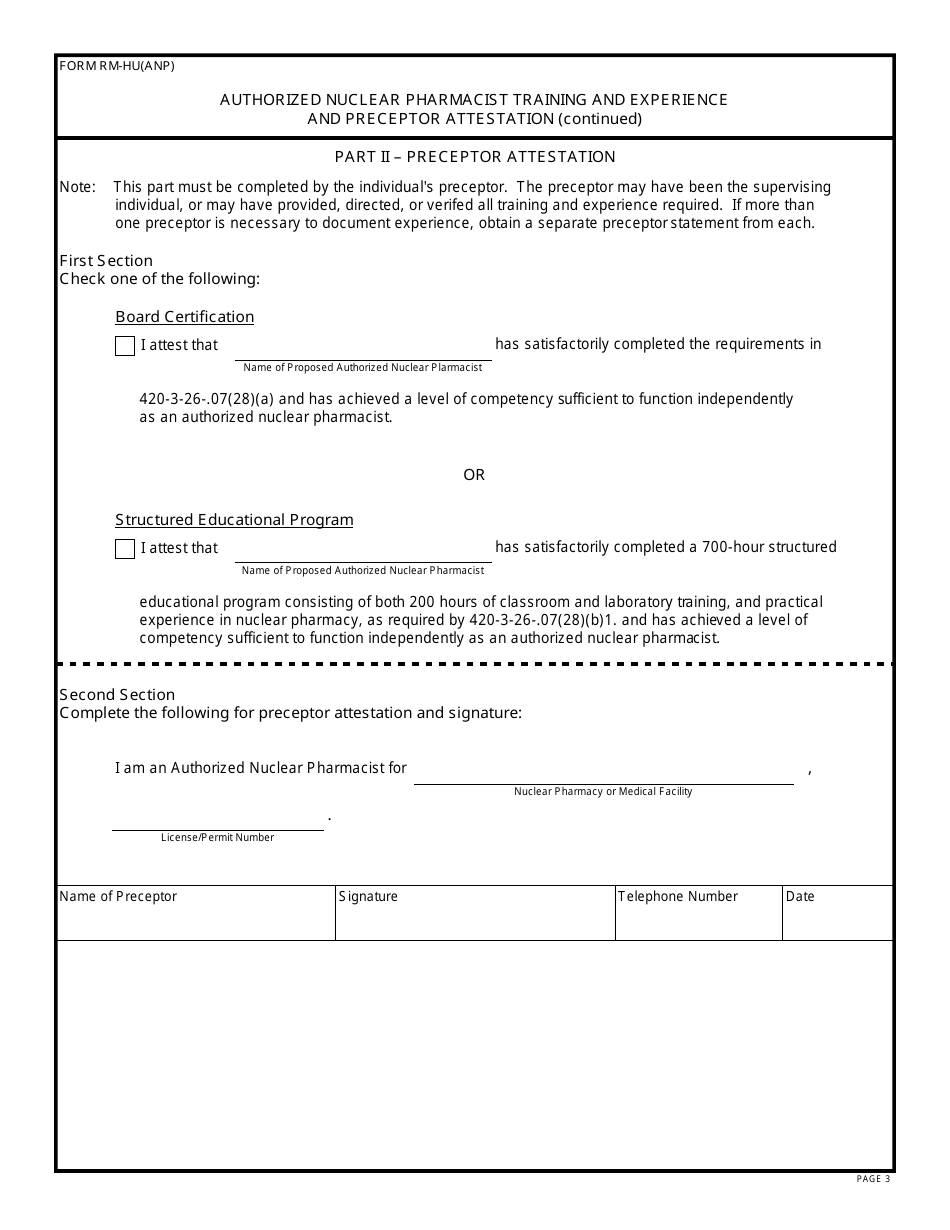 Form RM-HU(ANP) Authorized Nuclear Pharmacist Training and Experience and Preceptor Attestation - Alabama, Page 3