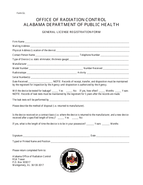 Form GL General License Registration Form - Alabama