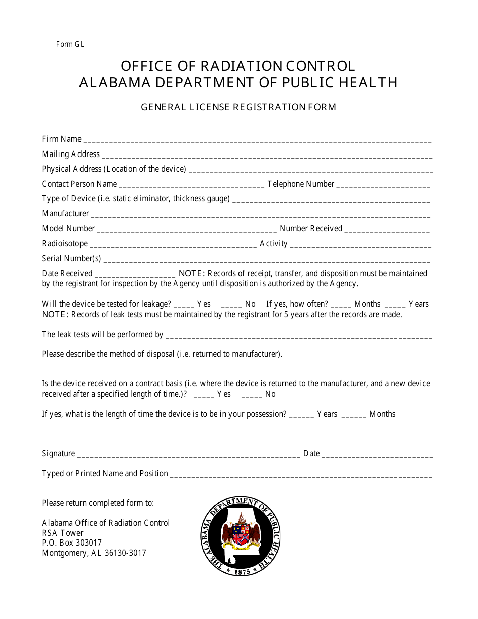Form GL General License Registration Form - Alabama, Page 1