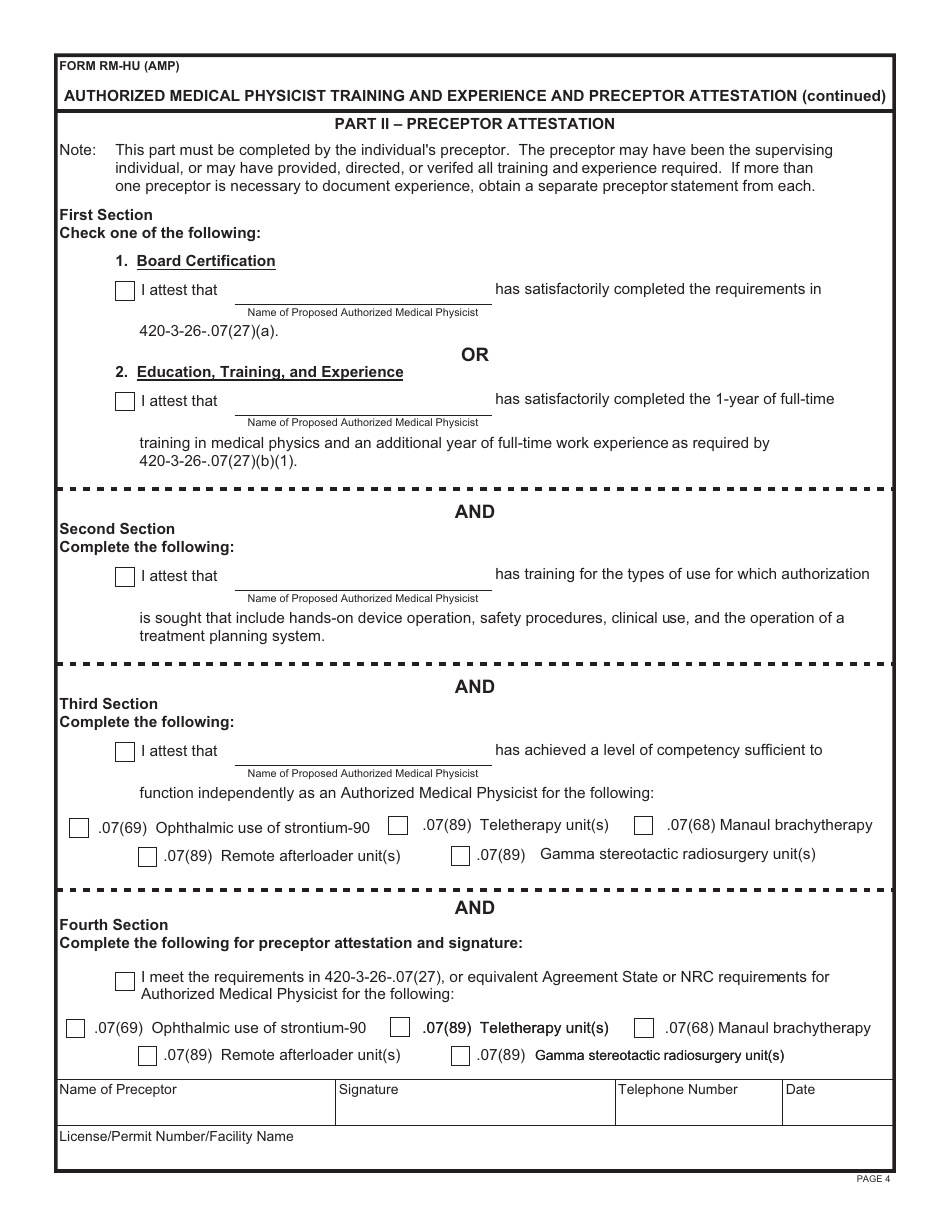 Form RM-HU(AMP) Authorized Medical Physicist Training and Experience and Preceptor Attestation - Alabama, Page 4