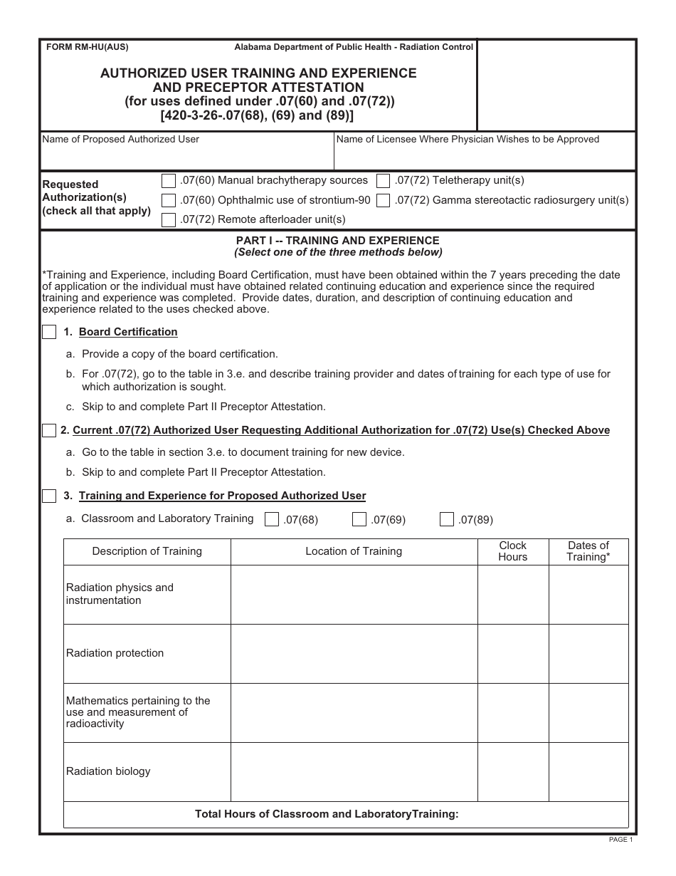 Form RM-HU(AUS) Authorized User Training and Experience and Preceptor Attestation - Alabama, Page 1