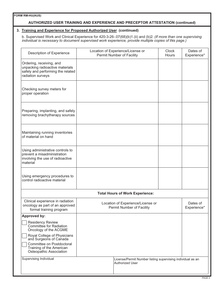 Form RM-HU(AUS) Authorized User Training and Experience and Preceptor Attestation - Alabama, Page 2