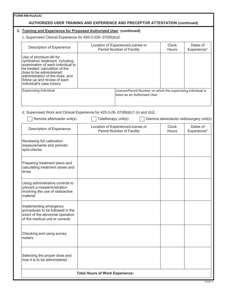 Form RM-HU(AUS) Authorized User Training and Experience and Preceptor Attestation - Alabama, Page 3