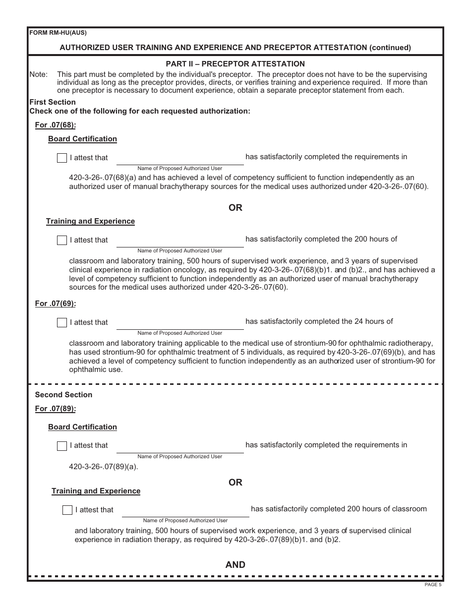 Form RM-HU(AUS) Authorized User Training and Experience and Preceptor Attestation - Alabama, Page 5
