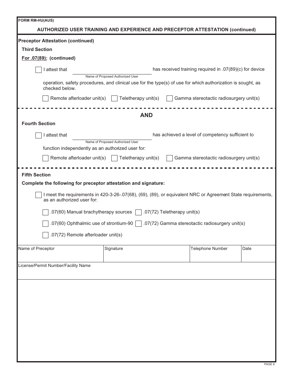 Form RM-HU(AUS) Authorized User Training and Experience and Preceptor Attestation - Alabama, Page 6