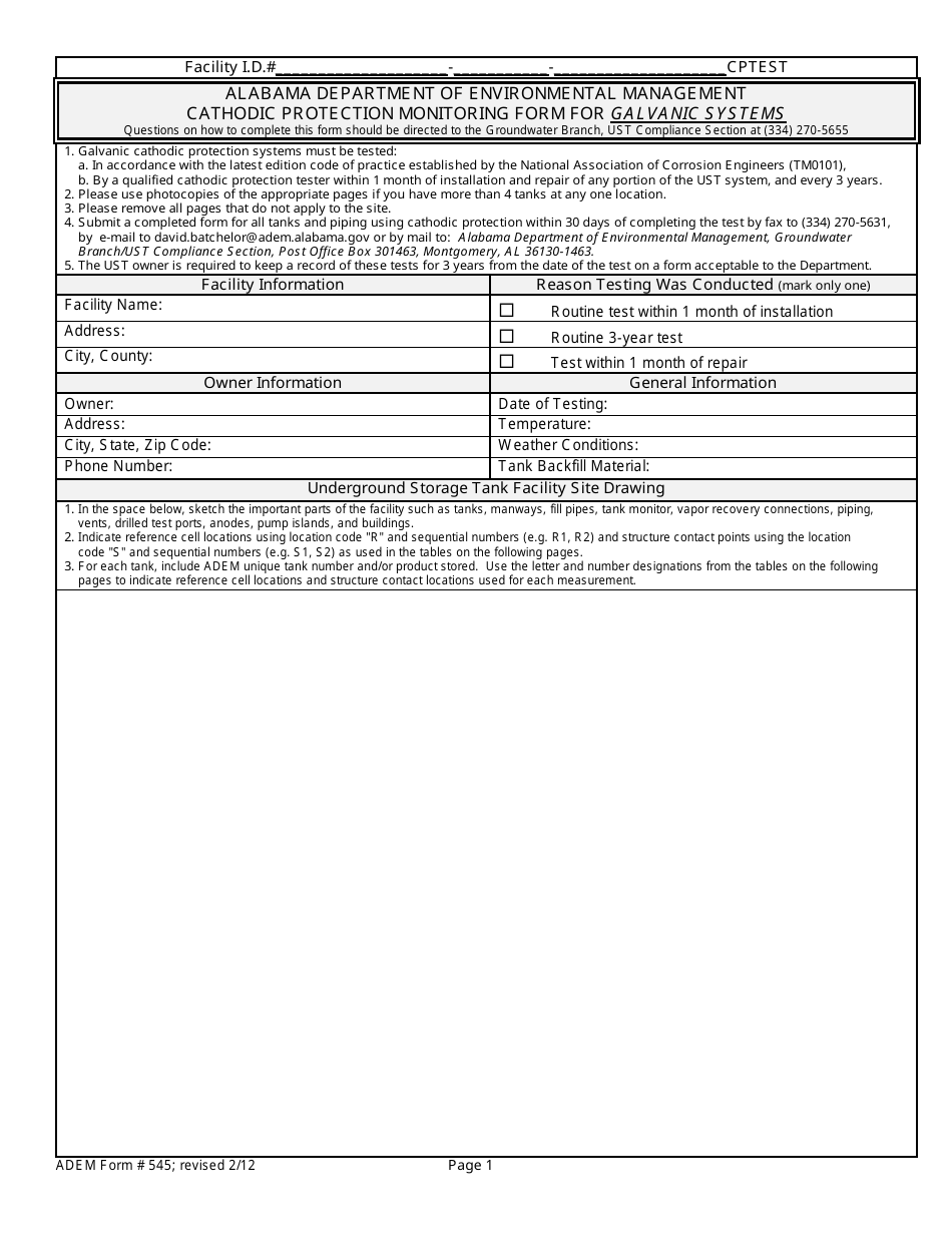 ADEM Form 545 Cathodic Protection Monitoring Form for Galvanic Systems - Alabama, Page 1