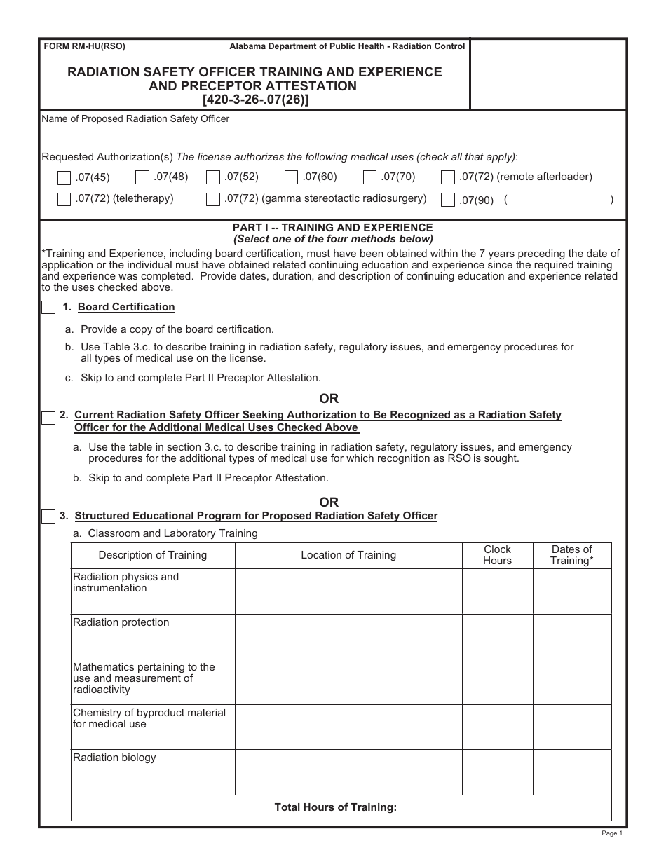 Form RM-HU(RSO) Radiation Safety Officer Training and Experience and Preceptor Attestation - Alabama, Page 1