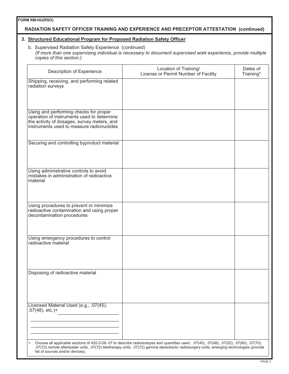 Form RM-HU(RSO) Radiation Safety Officer Training and Experience and Preceptor Attestation - Alabama, Page 2