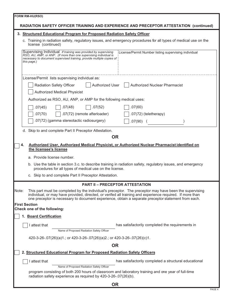 Form RM-HU(RSO) Radiation Safety Officer Training and Experience and Preceptor Attestation - Alabama, Page 4