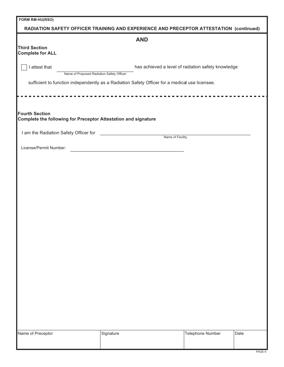 Form RM-HU(RSO) Radiation Safety Officer Training and Experience and Preceptor Attestation - Alabama, Page 6