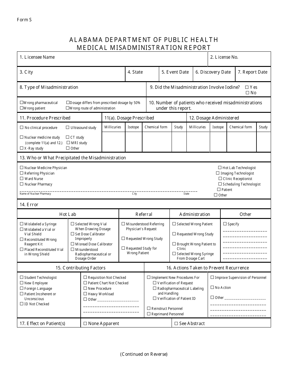 Form S Medical Misadministration Report - Alabama, Page 1