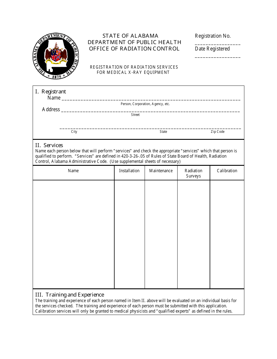Registration of Radiation Services for Medical X-Ray Equipment - Alabama, Page 1