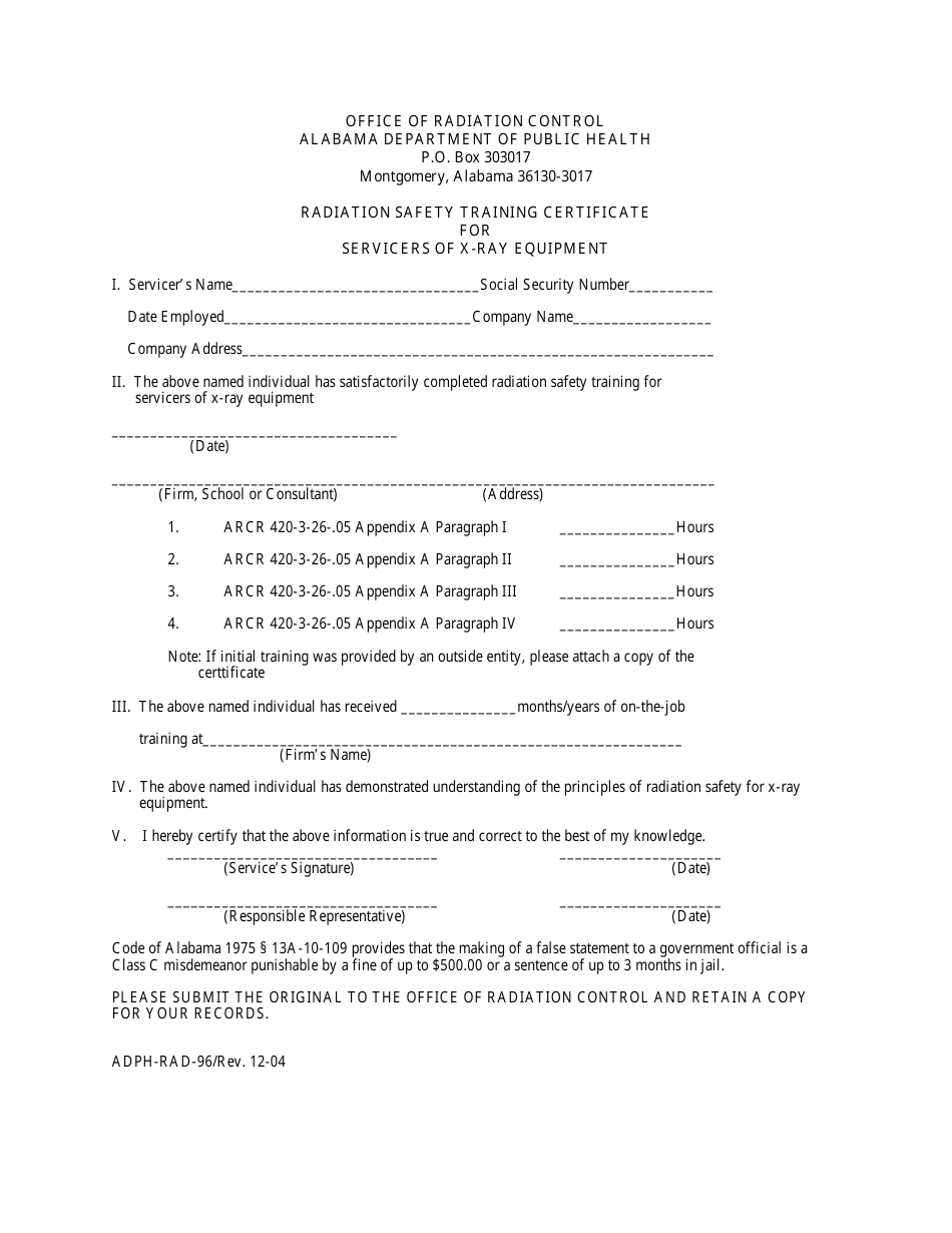 Form Adph Rad 96 Download Printable Pdf Or Fill Online Radiation Safety Training Certificate For Servicers Of X Ray Equipment Alabama Templateroller