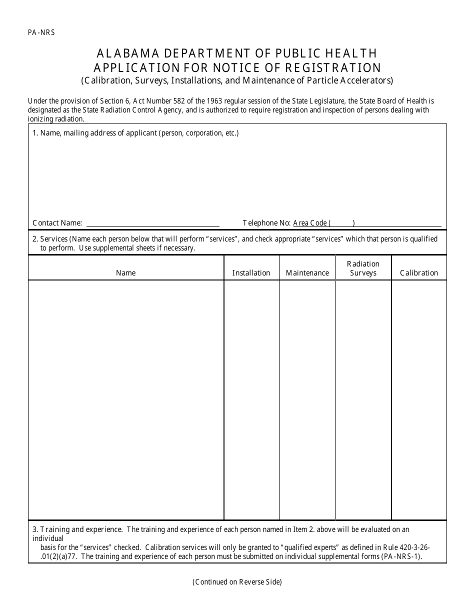 Form PA-NRS Application for Notice of Registration - Alabama, Page 1