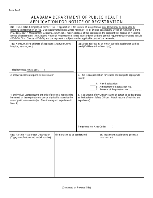 Form PA-2 Application for Notice of Registration - Alabama