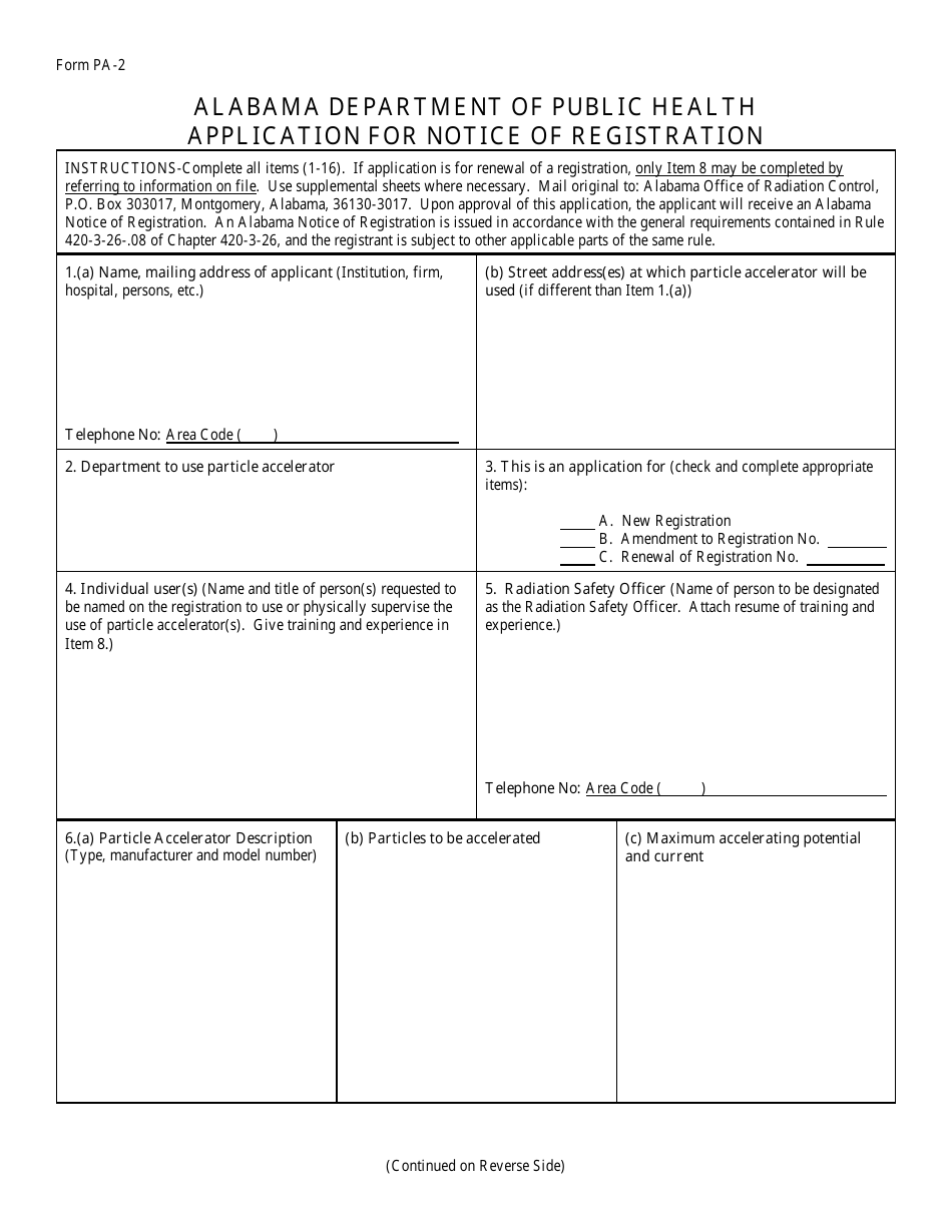 Form PA-2 Application for Notice of Registration - Alabama, Page 1