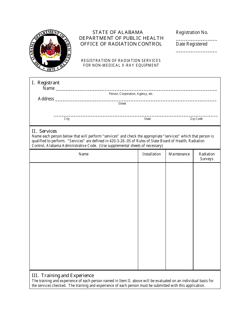 Registration of Radiation Services for Non-medical X-Ray Equipment - Alabama, Page 1