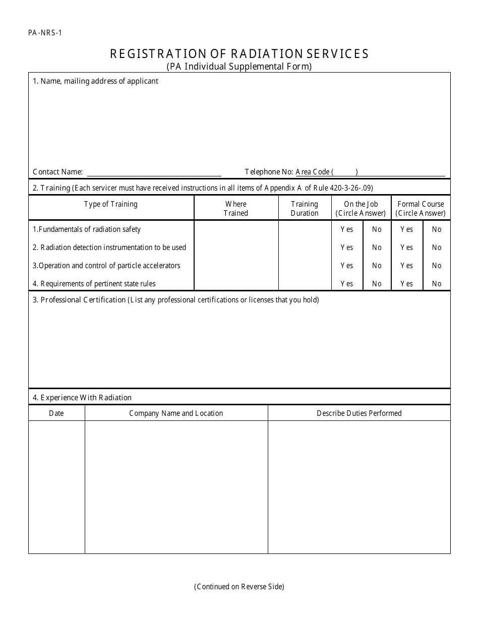 Form PA-NRS-1 Registration of Radiation Services (Pa Individual Supplemental Form) - Alabama, Page 1