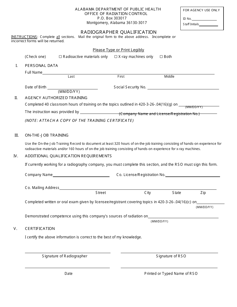 Radiographer Qualification Form - Alabama, Page 1