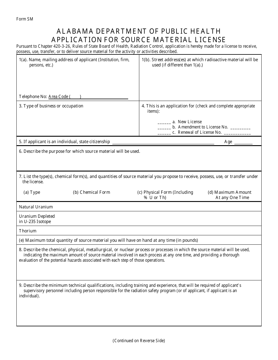 Form SM Application for Source Material License - Alabama, Page 1
