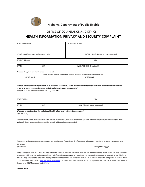 Health Information Privacy and Security Complaint Form - Alabama Download Pdf