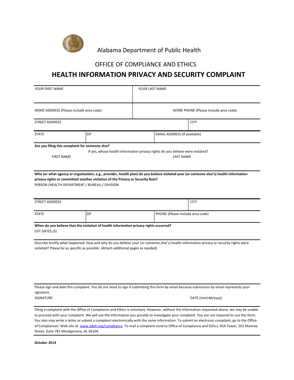 Health Information Privacy and Security Complaint Form - Alabama, Page 1