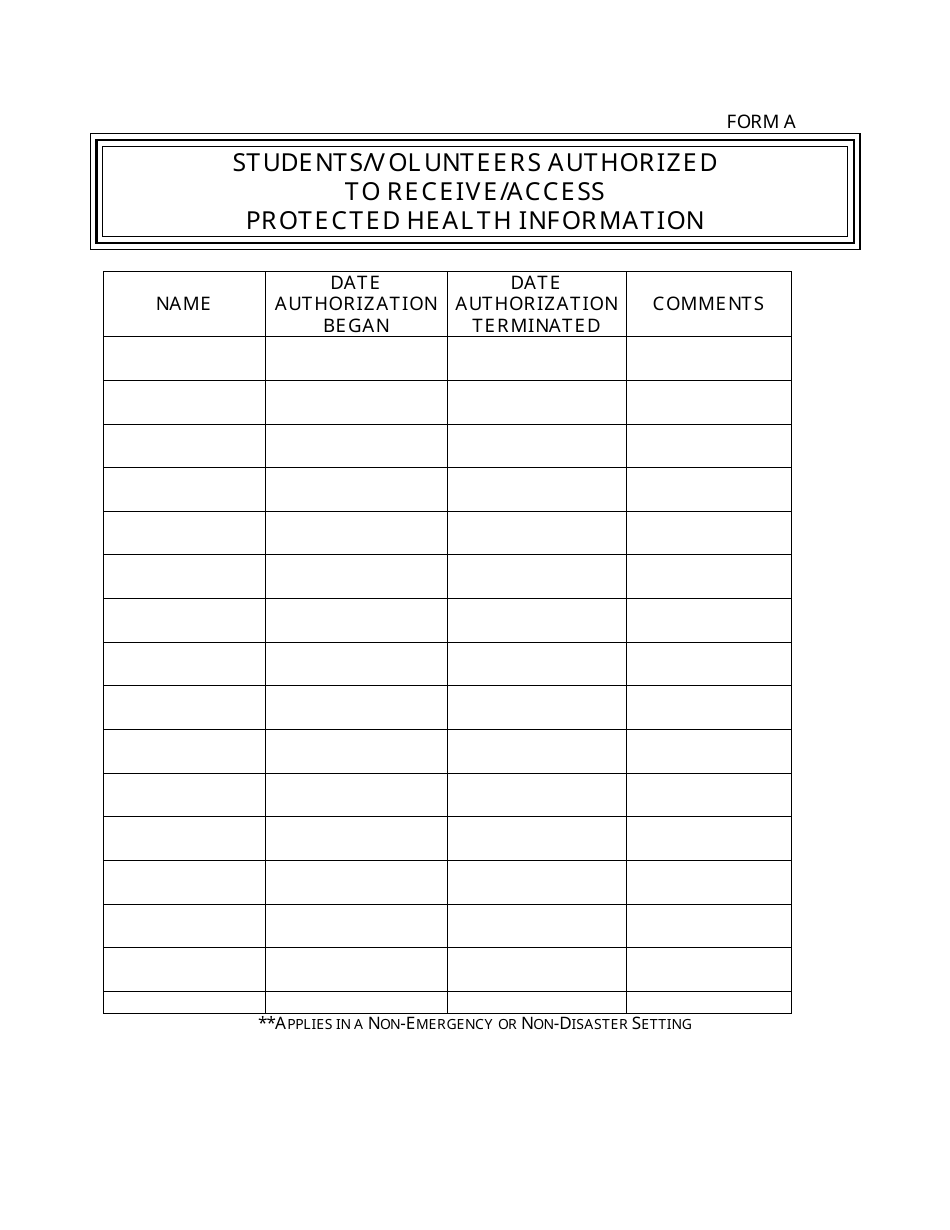 Form A Students / Volunteers Authorized to Receive / Access Protected Health Information - Alabama, Page 1