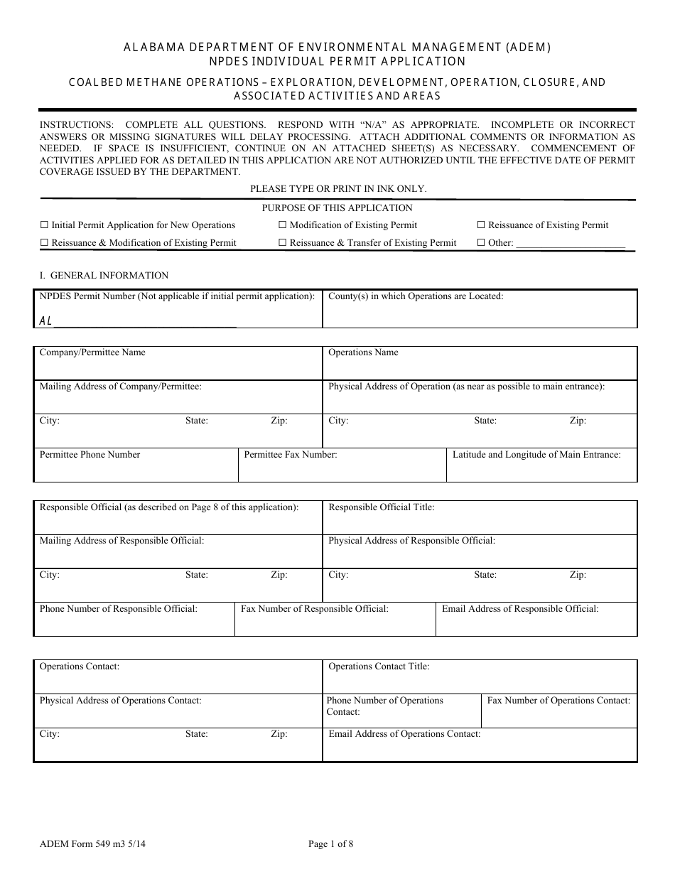 ADEM Form 549 Npdes Individual Permit Application - Coalbed Methane Operations - Exploration, Development, Operation, Closure, and Associated Activities and Areas - Alabama, Page 1
