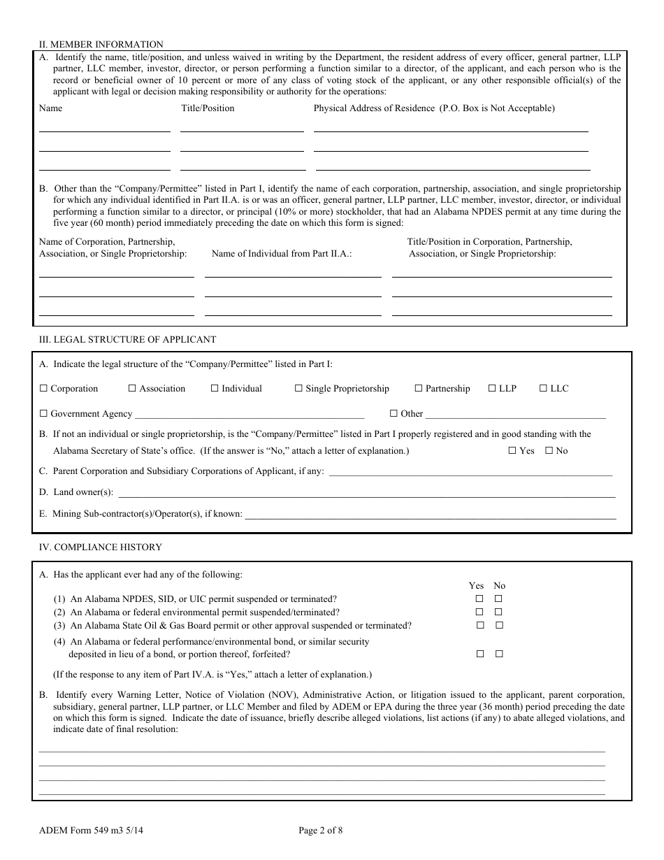 ADEM Form 549 Npdes Individual Permit Application - Coalbed Methane Operations - Exploration, Development, Operation, Closure, and Associated Activities and Areas - Alabama, Page 2