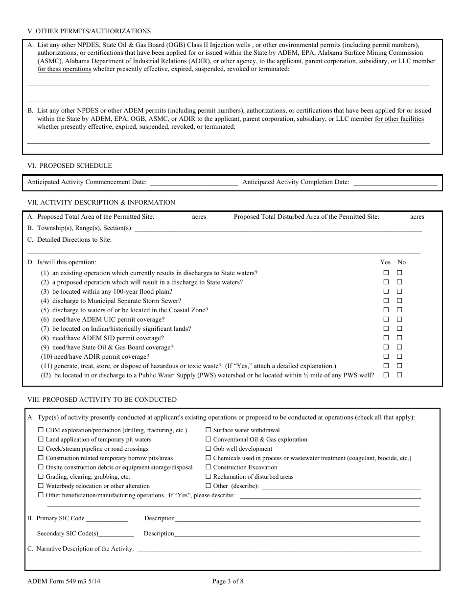 ADEM Form 549 Npdes Individual Permit Application - Coalbed Methane Operations - Exploration, Development, Operation, Closure, and Associated Activities and Areas - Alabama, Page 3