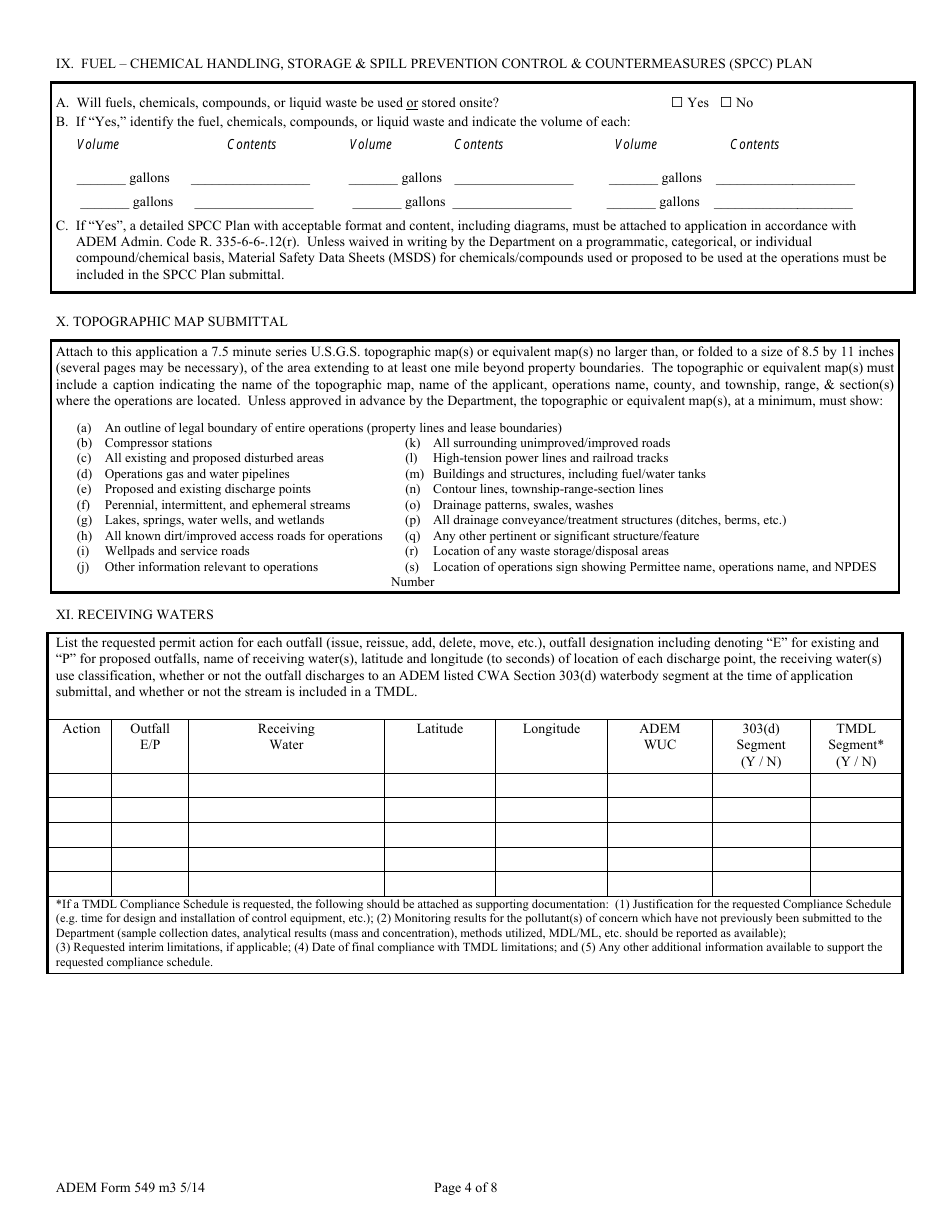 ADEM Form 549 Npdes Individual Permit Application - Coalbed Methane Operations - Exploration, Development, Operation, Closure, and Associated Activities and Areas - Alabama, Page 4