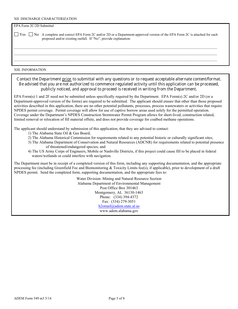 ADEM Form 549 Npdes Individual Permit Application - Coalbed Methane Operations - Exploration, Development, Operation, Closure, and Associated Activities and Areas - Alabama, Page 5
