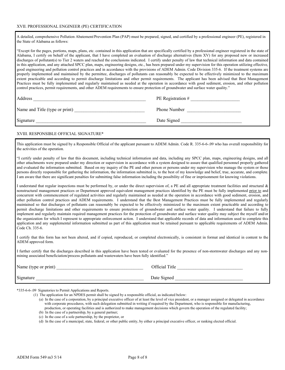 ADEM Form 549 Npdes Individual Permit Application - Coalbed Methane Operations - Exploration, Development, Operation, Closure, and Associated Activities and Areas - Alabama, Page 8