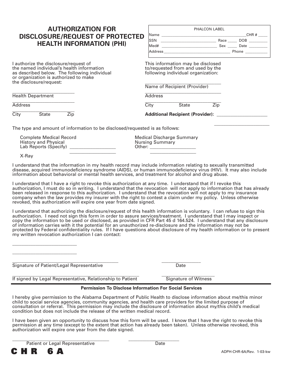 Form ADPH-CHR-6A Authorization for Disclosure / Request of Protected Health Information (Phi) - Alabama, Page 1
