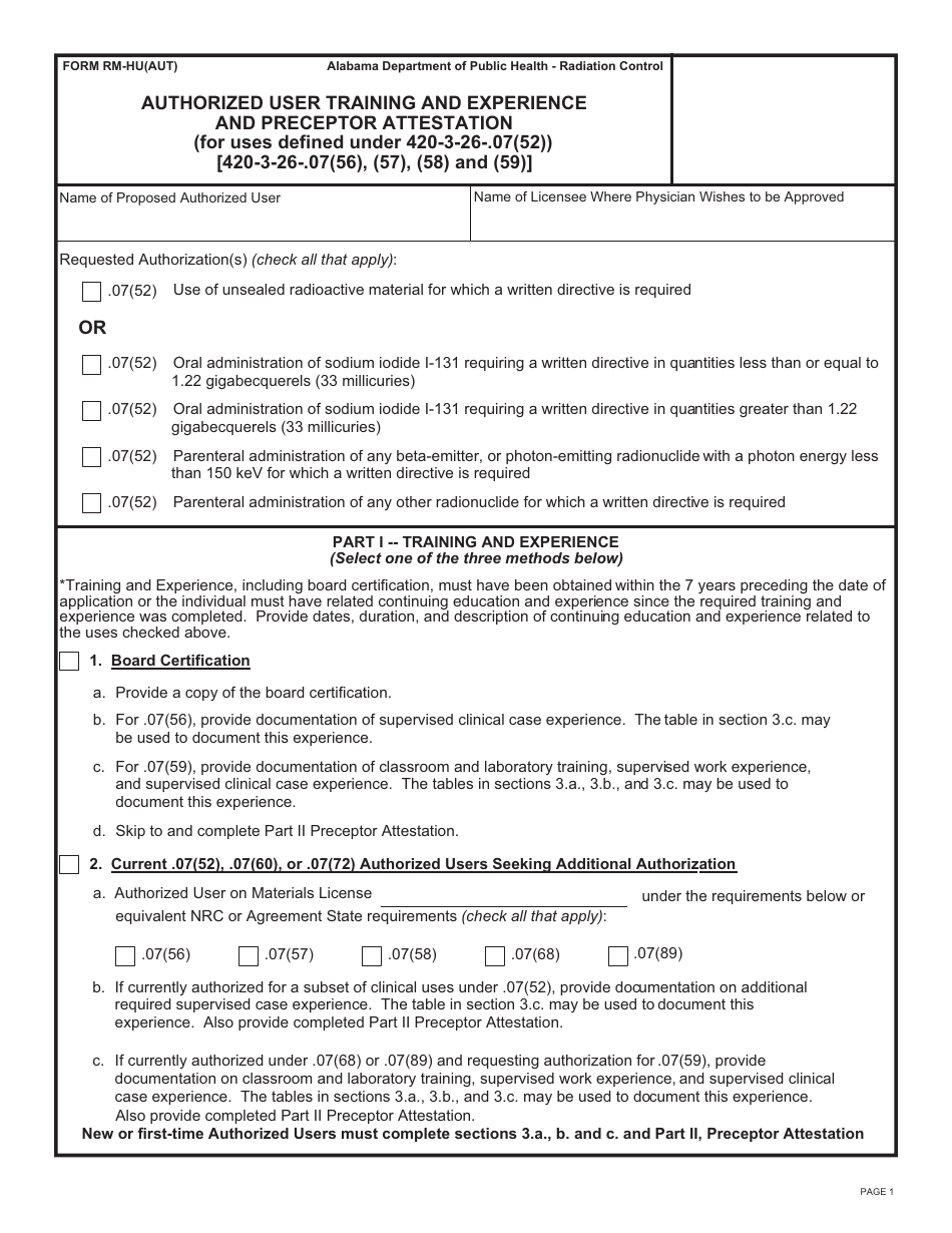 Form RM-HU(AUT) Authorized User Training and Experience and Preceptor Attestation - Alabama, Page 1