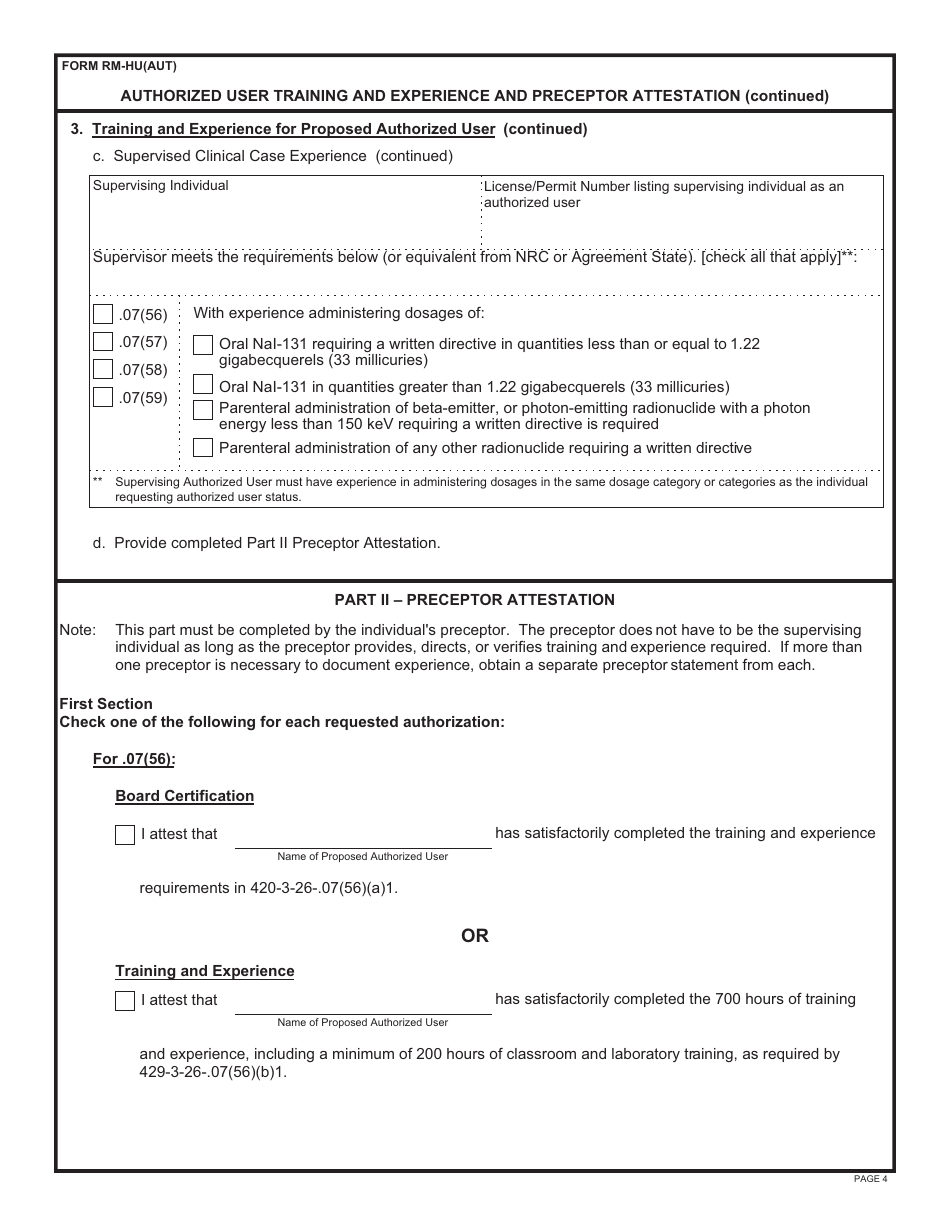 Form RM-HU(AUT) Authorized User Training and Experience and Preceptor Attestation - Alabama, Page 4