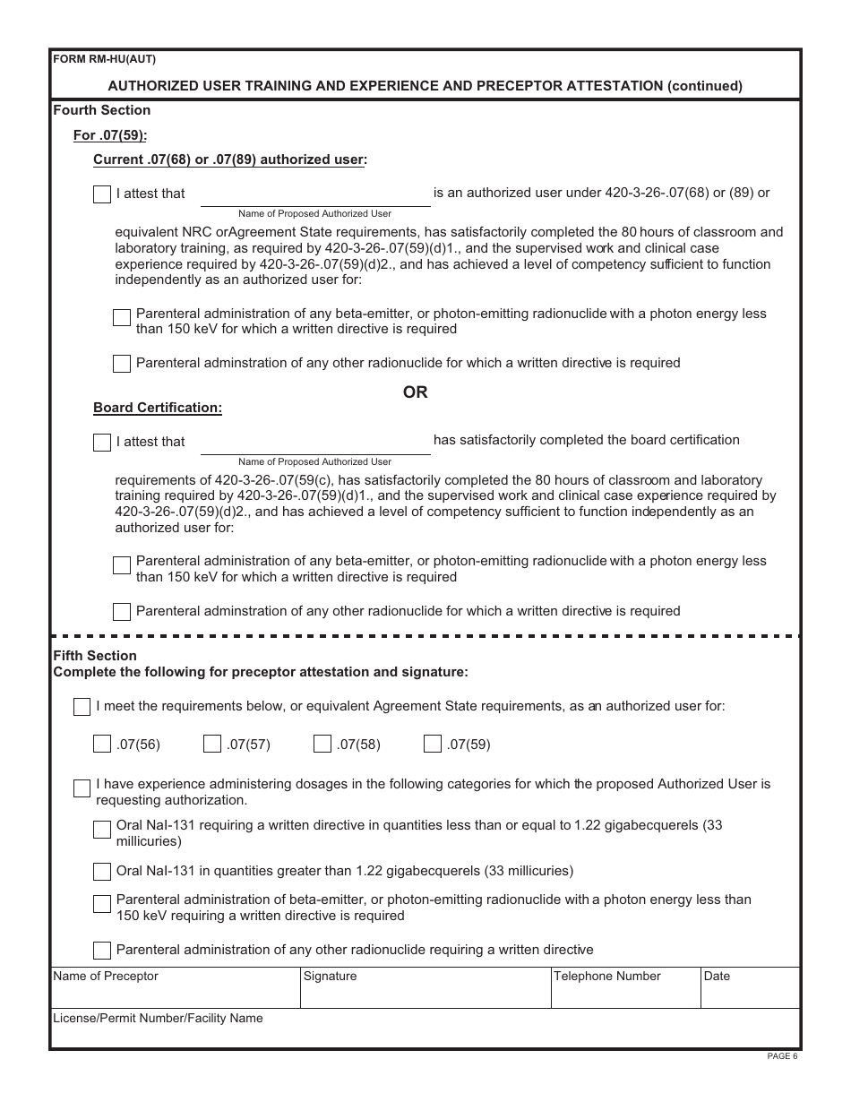 Form RM-HU(AUT) Authorized User Training and Experience and Preceptor Attestation - Alabama, Page 6