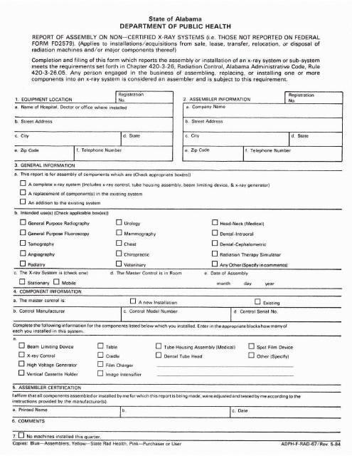 Form ADPH-F-RAD-67 Report of Assembly of Non-certified X-Ray Systems (I.e., Those Not Reported on Federal Form Fd2579) - Alabama
