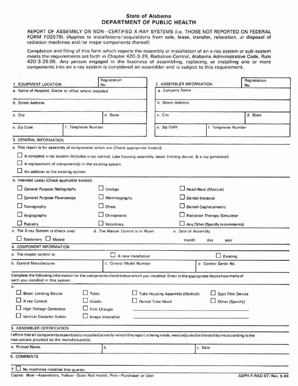 Form ADPH-F-RAD-67 Report of Assembly of Non-certified X-Ray Systems (I.e., Those Not Reported on Federal Form Fd2579) - Alabama, Page 1